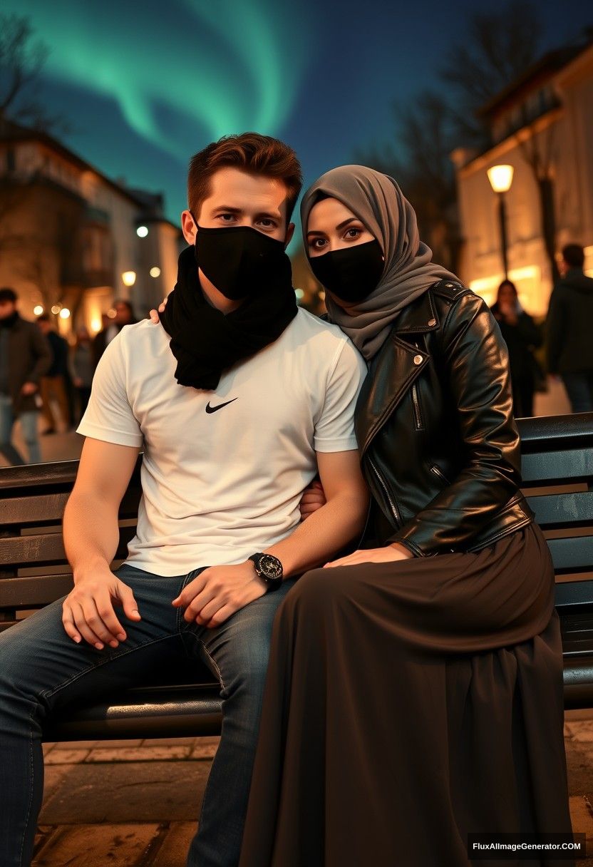 Jamie Dornan, tall and young, wearing a black face mask, a white Nike T-shirt, and jeans, is dating a beautiful Muslim girl in a grey hijab with lovely eyes, also wearing a black face mask and a leather jacket, and a very long and wide skirt. She is not tall. They are sitting romantically together on a park bench, with him resting his shoulder against hers, in a town setting with strangers in the background. The scene is photorealistic, capturing the moment like a selfie at night under the aurora borealis. - Image