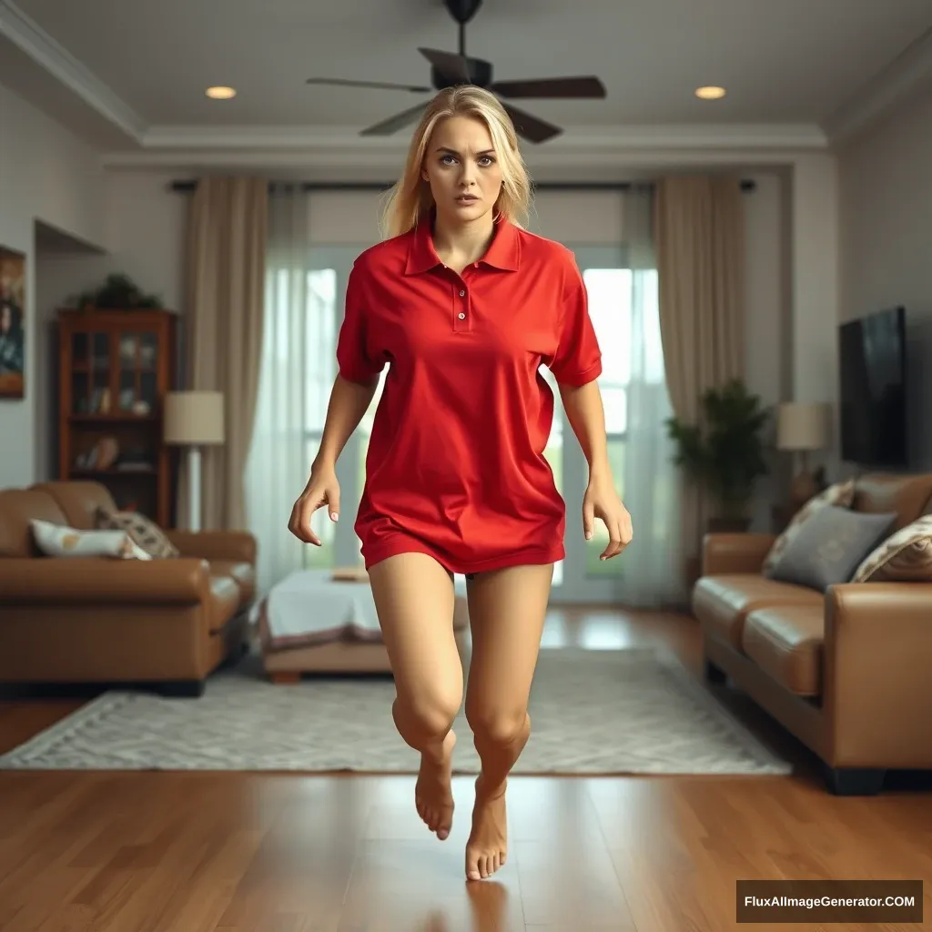 Front view of a blonde skinny woman who is in her early twenties in her massive living room wearing a massively oversized red polo t-shirt that is quite off balance on one of her shoulders, with the bottom part of her t-shirt also untucked. She is wearing light blue denim shorts and no shoes or socks. Facing the camera, she looks scared and runs towards it with both her arms straight down.