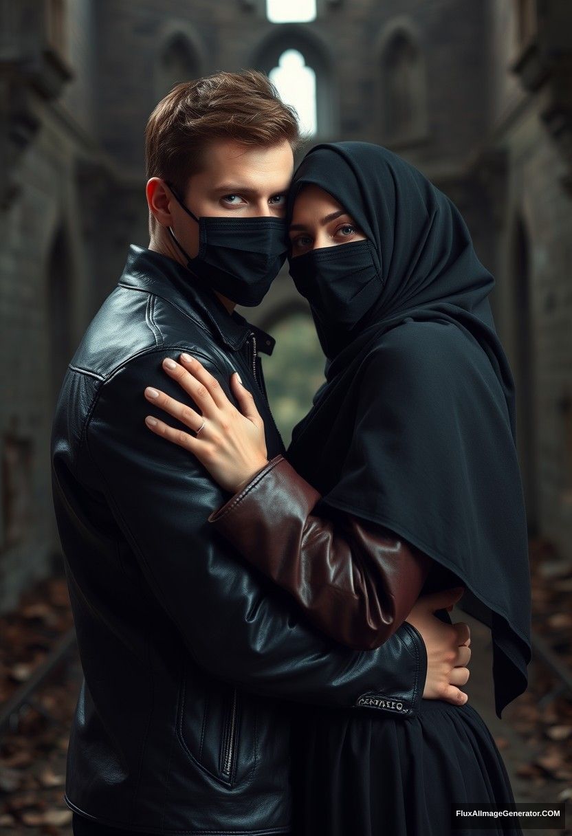 Jamie Dornan's head and body shot, handsome, face mask black, black leather jacket, dating, love hug with the biggest black hijab Muslim girl, not tall, beautiful eyes, face mask, maroon leather jacket, biggest black skirt, hyper-realistic, studio photography, full body photo, explore at an abandoned castle, gloomy. - Image