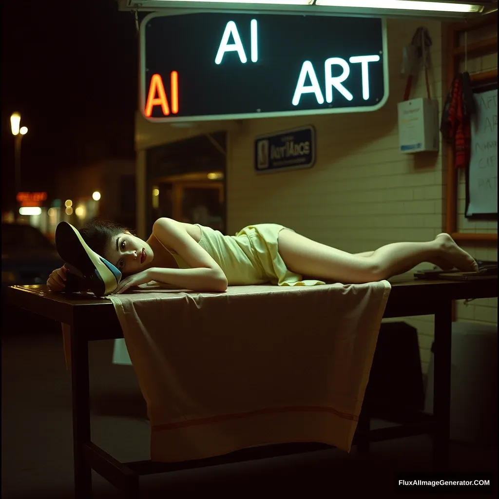 A woman lay on the butcher table, shoes, night, neo. The sign said: "AI ART."