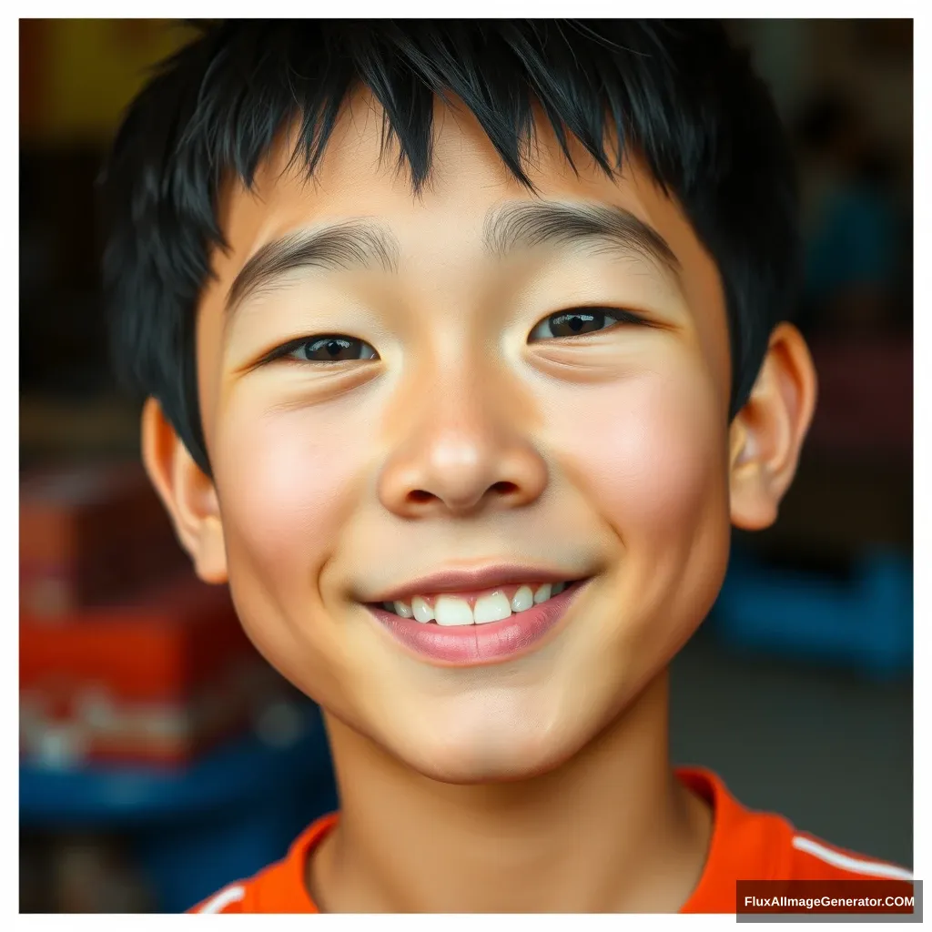 An Asian boy has a long nose and a smile. - Image