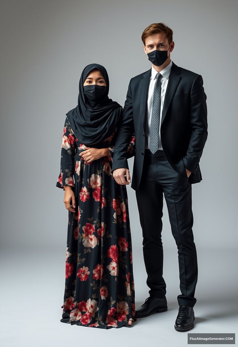 A biggest black hijab girl, beautiful eyes, face mask black, biggest floral longest dress, untall, standing hold his arm

Jamie Dornan, youngest, black suit coat, white shirt, grey pattern tie, black leather sneaker, tall man, face mask black, fit tough body, standing near her,

hyper realistic, studio photography. - Image