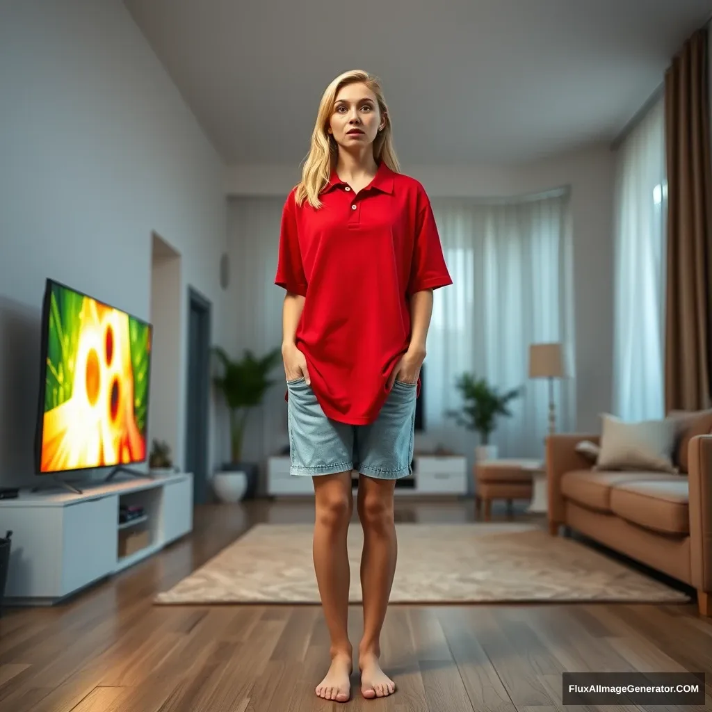 Front view of a young blonde skinny woman in her early twenties, standing in her massive living room. She is wearing an oversized red polo t-shirt that is slightly off balance on one shoulder, with the bottom part tucked in. She is also wearing light blue denim shorts and has no shoes or socks on. She faces her TV with a shocked expression and dives into the magical TV. - Image