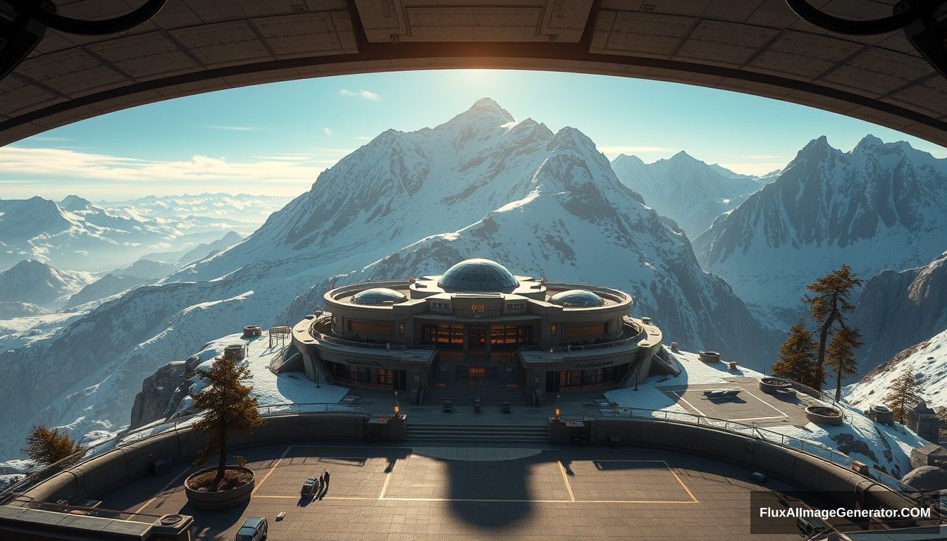 Cel shaded art, wide shot, 45-degree angle shot, a sci-fi center on the top of a snow mountain, open air, close look, cyberpunk, military base, Star Wars style, indoor, patio, morning, sunlight, fortress, mountain, rock, snow, tarmac, parking apron, cave, tree, landing field, cliff, round shape, tower.