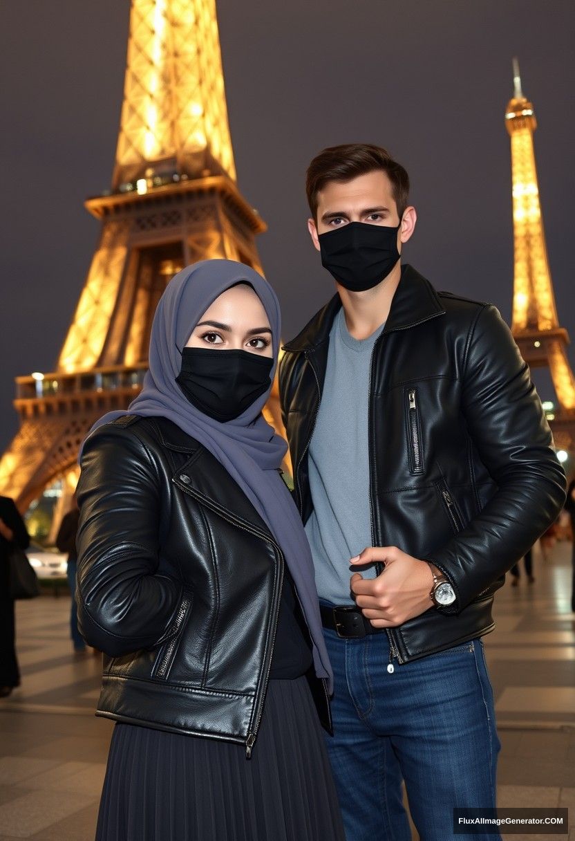 Biggest grey hijab Muslim girl, beautiful eyes, black face mask, leather jacket, biggest longest skirt, standing near the Eiffel Tower, dating Jamie Dornan, tall, collage jacket, black face mask, night scenery, hyper-realistic, photorealistic, take a selfie photo. - Image