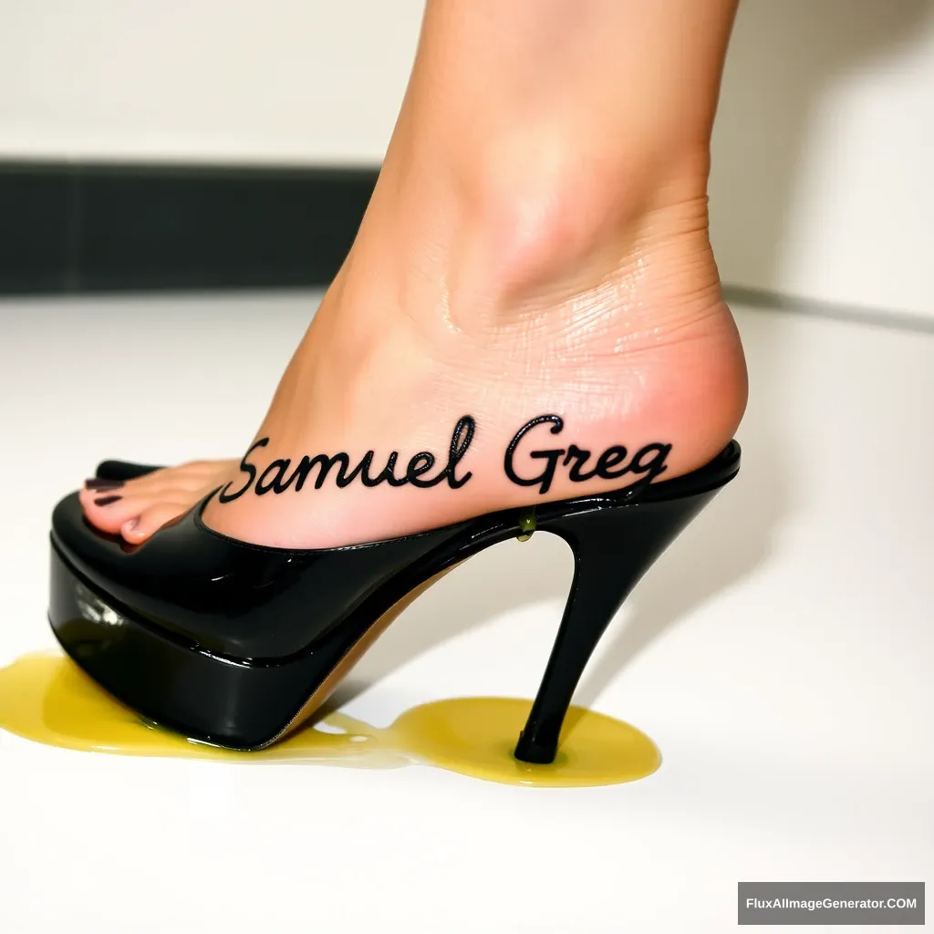 The name "Samuel Greg" on a woman's foot in a black high heel. There is oil all over the foot. - Image