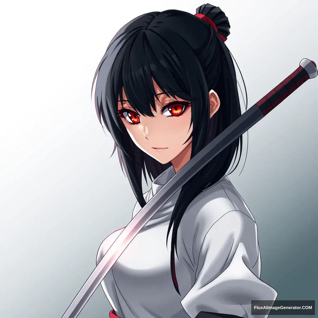 VERY BEAUTIFUL ANIME GIRL WITH PERFECT EYES. Anime style is important. Seinen style anime. Should look like an assassin with a gradient background. Holding one sharp sword. Black hair, red eyes. And should be a full body draw. - Image