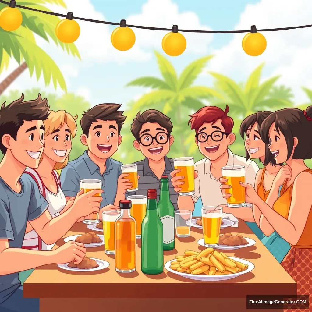 A company of Asian descent plans to hold a dinner gathering for 10 male and female employees on a hot summer day to enjoy cool beer and chicken. A lively animation image to create a cheerful atmosphere before the gathering. - Image