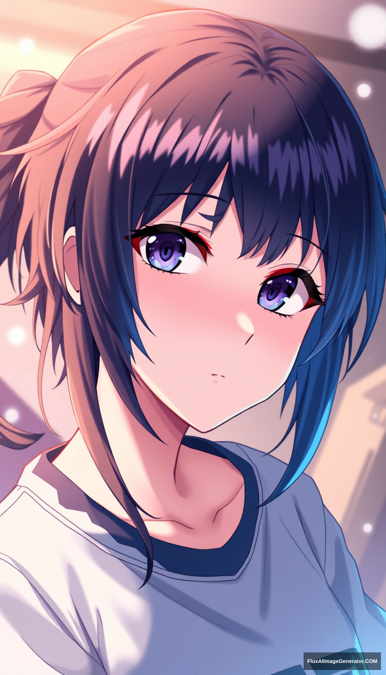 A teenage girl has captivated many with her striking appearance. Wearing dark blue with vibrant highlights, anime style is important.