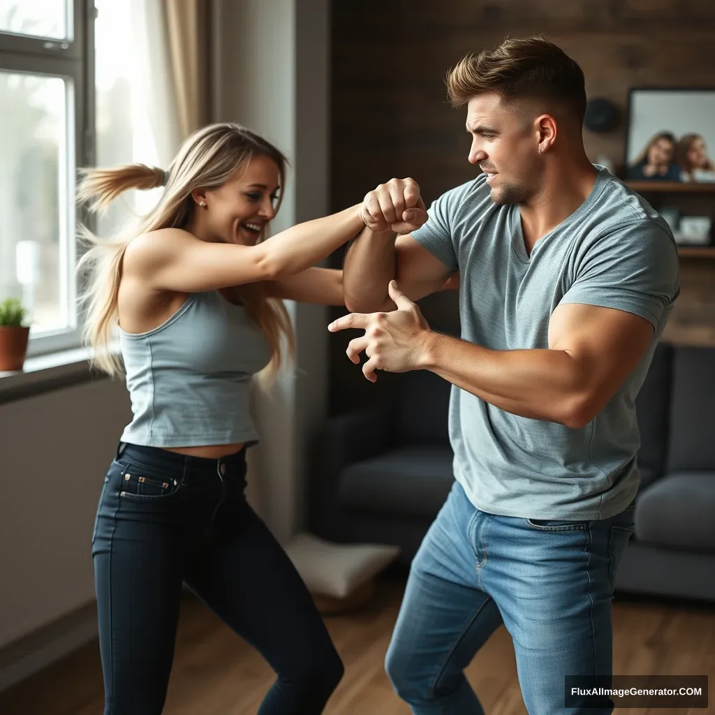 A pretty small delicate and slim lady fighting her much bigger and muscular boyfriend in a casual fight. She is completely in control, defeating and beating him badly and completely. She is delivering a hard punch that makes him stumble; he looks defenseless, close to falling unconscious. - Image