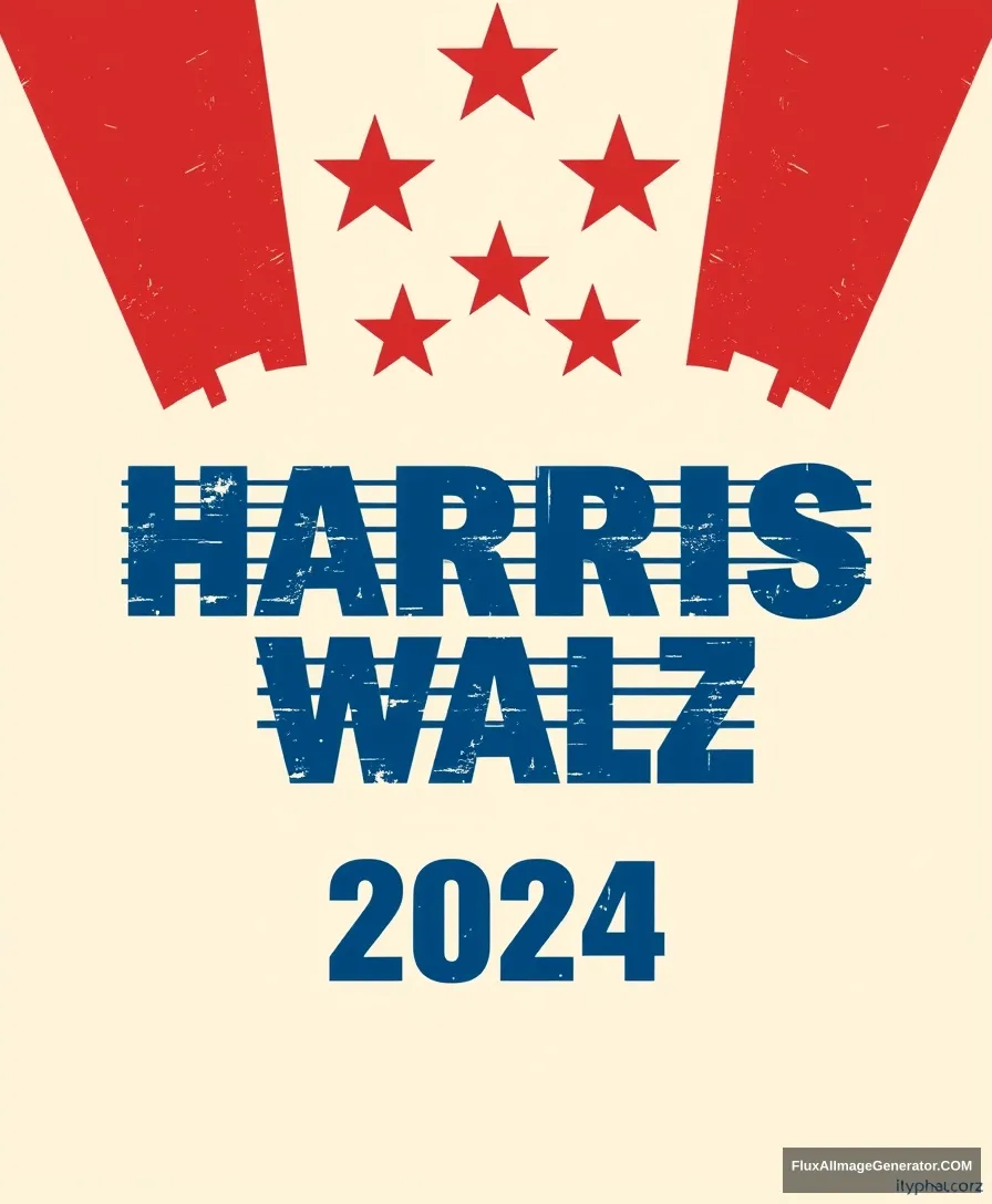 A striking and bold hypothetical political campaign poster featuring the names "HARRIS" and "WALZ" combined in a powerful statement of unity and strength. The design exudes patriotic energy with red stars above and below the text, symbolizing the power of the people, while the blue horizontal lines framing the names evoke feelings of trust and stability. The names are displayed in a grunge font, giving the poster an edgy and modern feel, appealing to a younger and more diverse audience. The year "2024" below the names suggests a future of change and representation in the world of politics. - Image