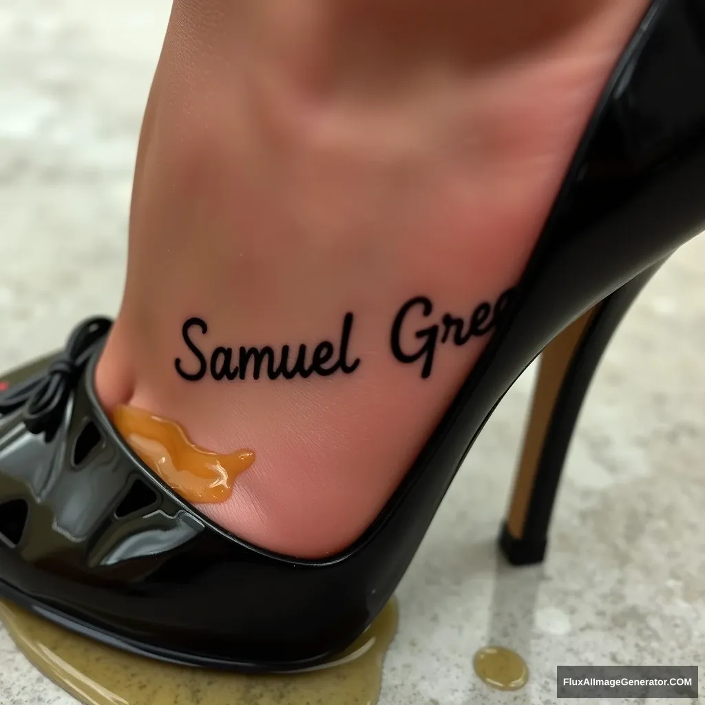 The name "Samuel Greg" on a woman's foot in a black high heel. There is oil all over the foot.