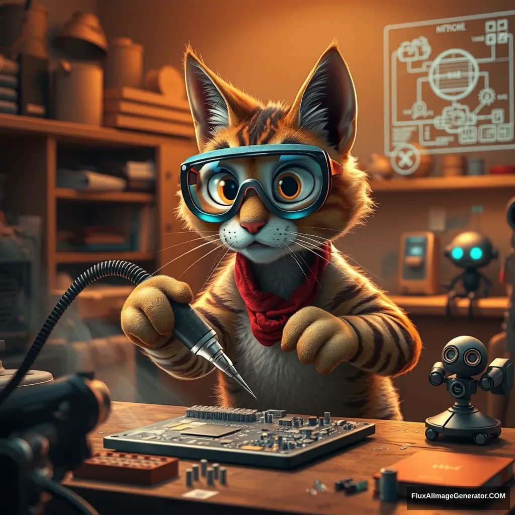 A mischievous Pixar-style tabby cat, wearing oversized safety goggles, delicately wields a comically large soldering iron. In a warm, cluttered workshop bathed in soft, amber light, the feline technician meticulously repairs a complex motherboard, surrounded by floating holographic schematics and quirky robotic helpers.