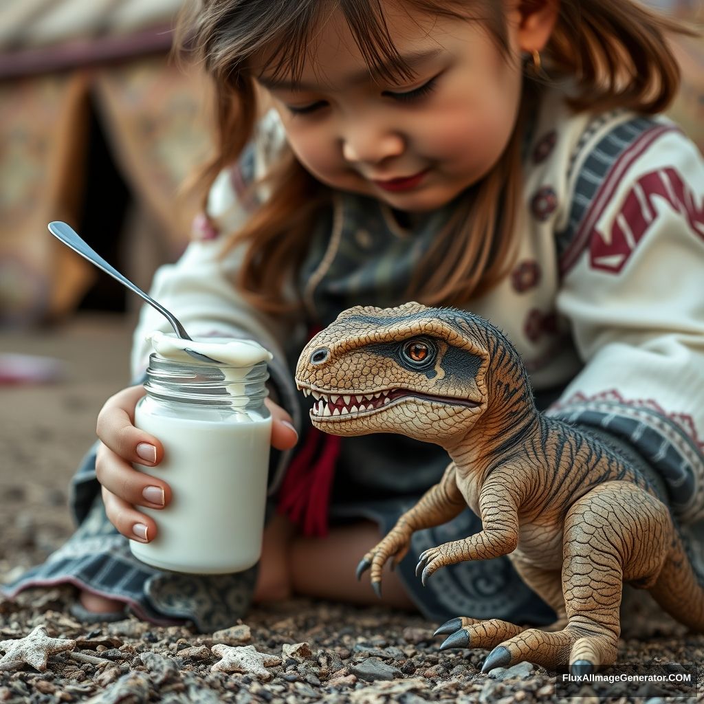 Close-up shot of a little Mongolian girl sitting on the ground, feeding a little baby T-rex dinosaur cub Mongolian yogurt from a glass jar with a spoon, and stroking its head, Mongolian yurts, steppe Gobi Mongolia, realistic photo, 4K, masterpiece, intricate, highly detailed.