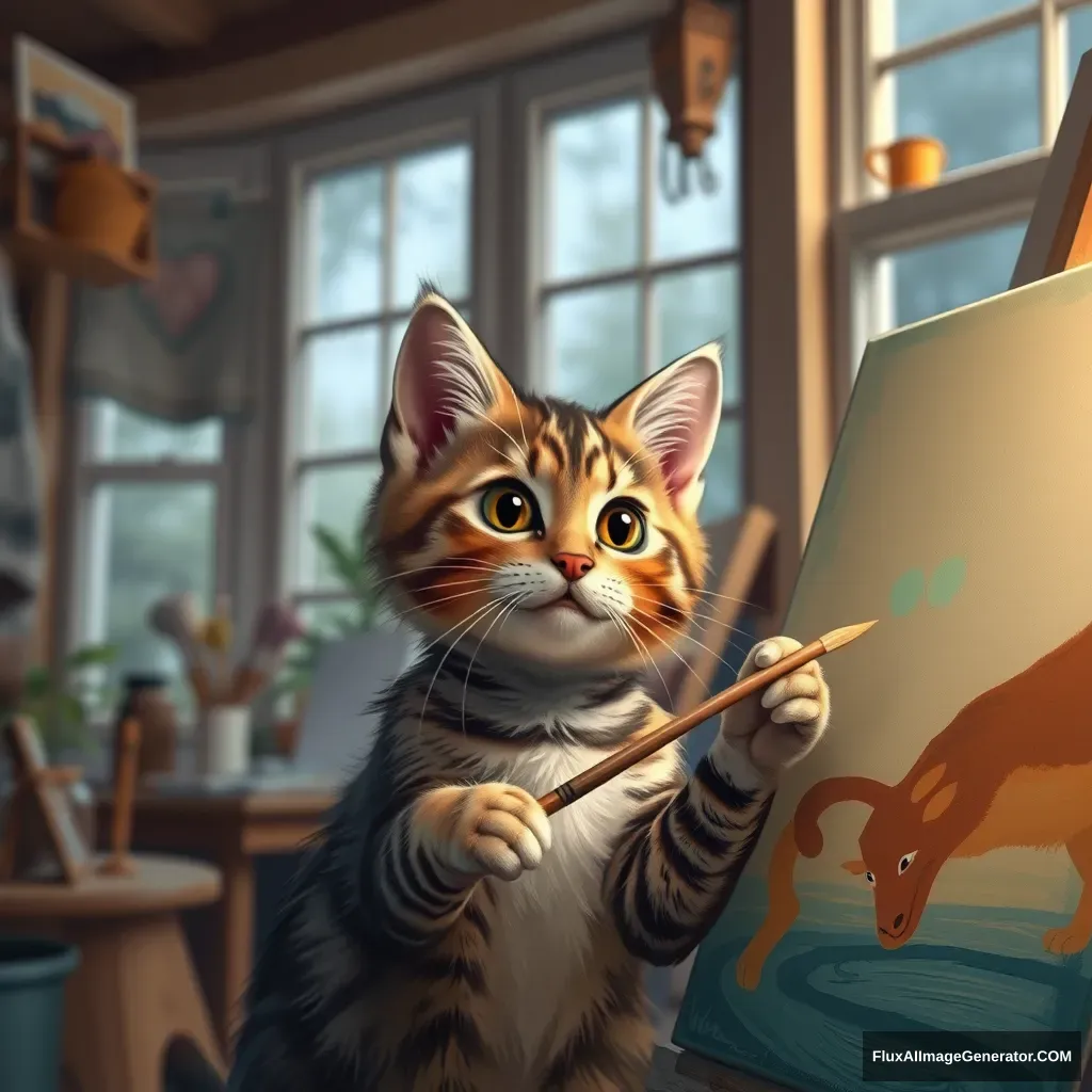 An adorable tabby in a cozy studio with windows. He has a paintbrush in his paw painting a masterpiece on a canvas. Art supplies are in the background.