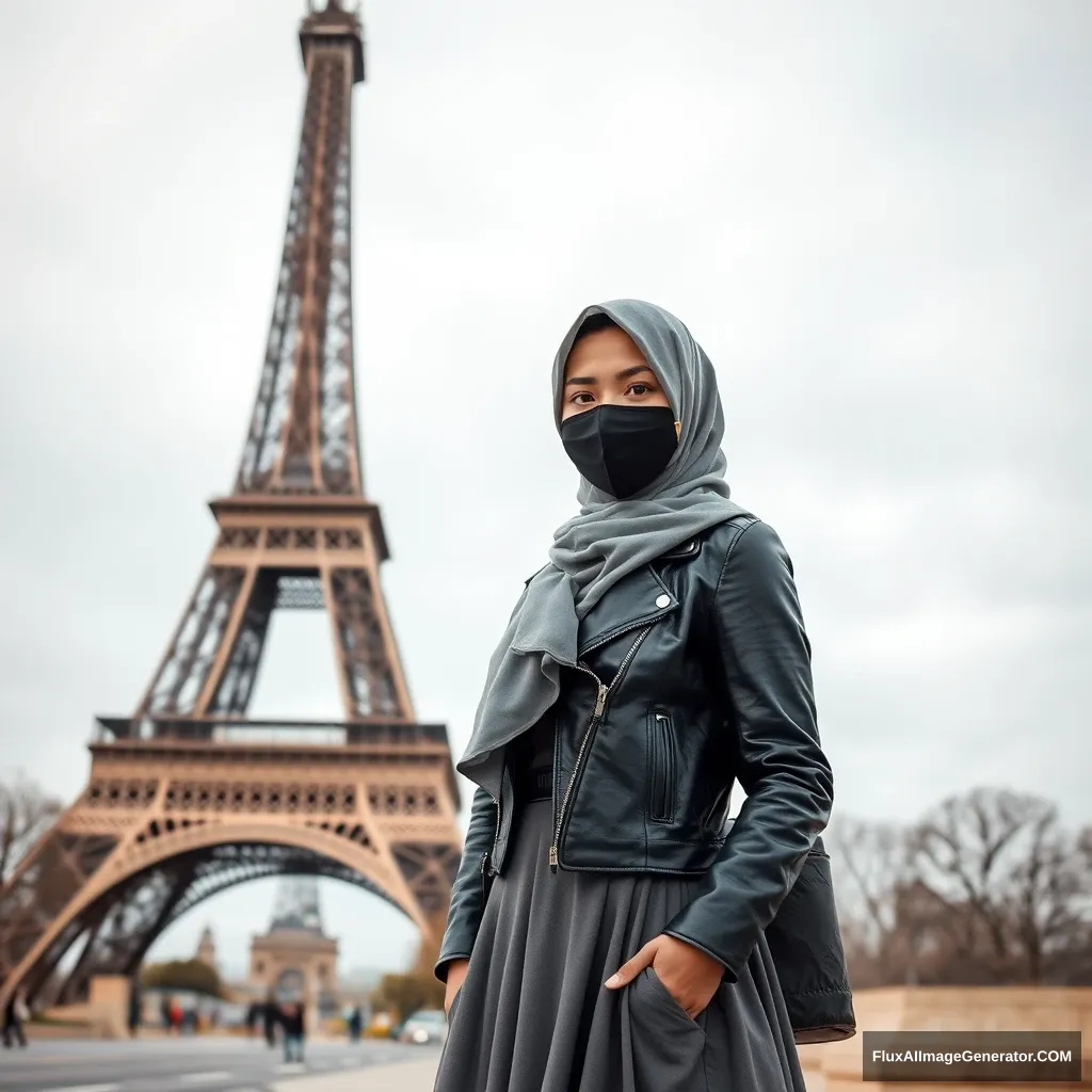 A biggest grey hijab Muslim girl, beautiful eyes, face mask black, black leather jacket, biggest longest skirt, standing near Eiffel Tower, Olympic 2024. - Image