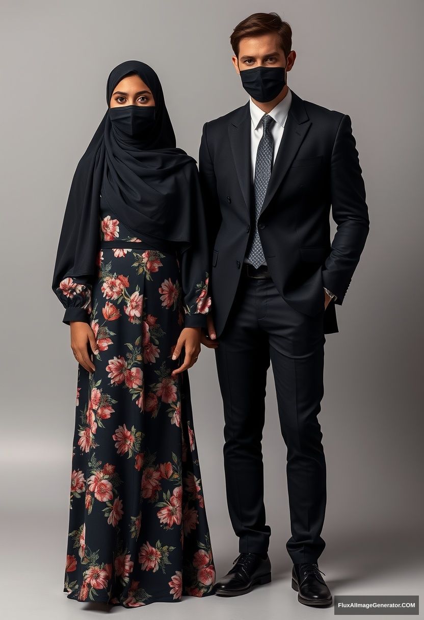 A biggest black hijab girl, slim girl, beautiful eyes, face mask black, biggest floral longest dress, standing

Jamie Dornan, youngest, black suit coat, white shirt, grey pattern tie, black leather sneaker, tall man, face mask black, fit tough body, standing near her,

hyper realistic, studio photography. - Image