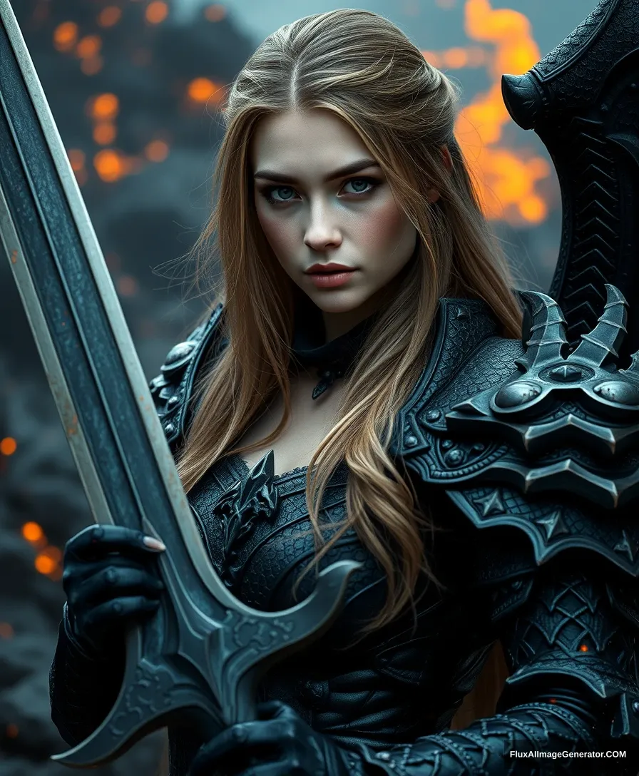 Realistic women with black scary armor, holding fire sword, human face, long hair, perfectly detailed on dragon armors, super detailed face, high details on face, realistic face, character highly detailed, character sheets, detailed, sharp focus, super detailed full body, 32k resolution, only a reality graphic, epic background, epic pose, horror, high resolution, resonance, fire and ash background --niji --ar 9:16. - Image