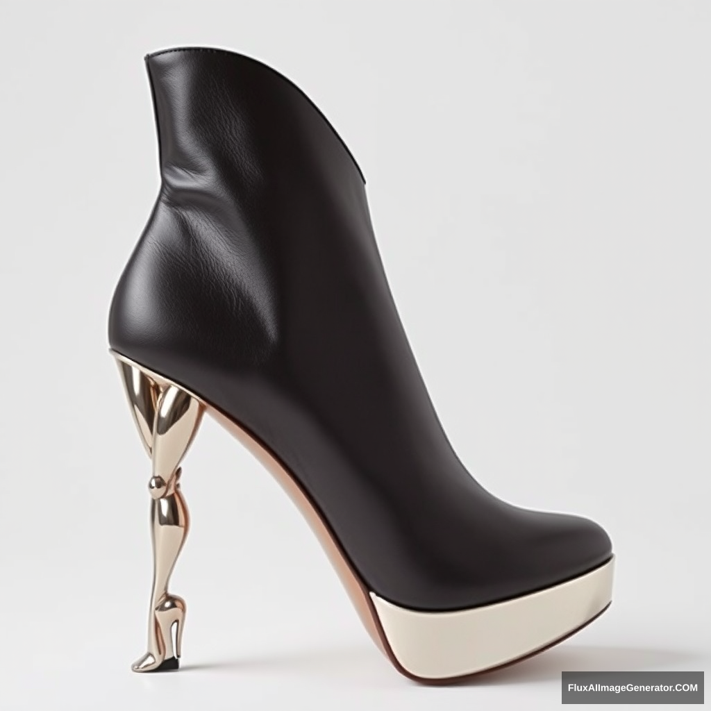 A high-fashion stiletto boot with a sleek, leather upper and a unique heel designed as a metallic sculpture of a woman's body in an artistic and sexy pose. The heel features the detailed, life-like figure of a woman, with the torso and legs forming the structure. The rest of the boot is made of traditional material, like leather, while only the heel is a reflective metal, highlighting the intricate design. The background is minimalist, ensuring the sculpted heel remains the focal point.