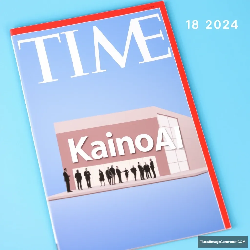 A TIME magazine cover shows a "KainoAI" company, background is blue, top-right corner shows date 18 May 2024. - Image