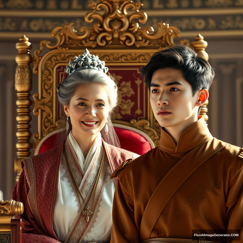 A middle-aged woman, a young man, the woman sits on the throne, the man stands in front of the throne, the woman's expression is a cold smile, the man's expression is resolute, it is daytime, in the grand hall of the palace. - Image