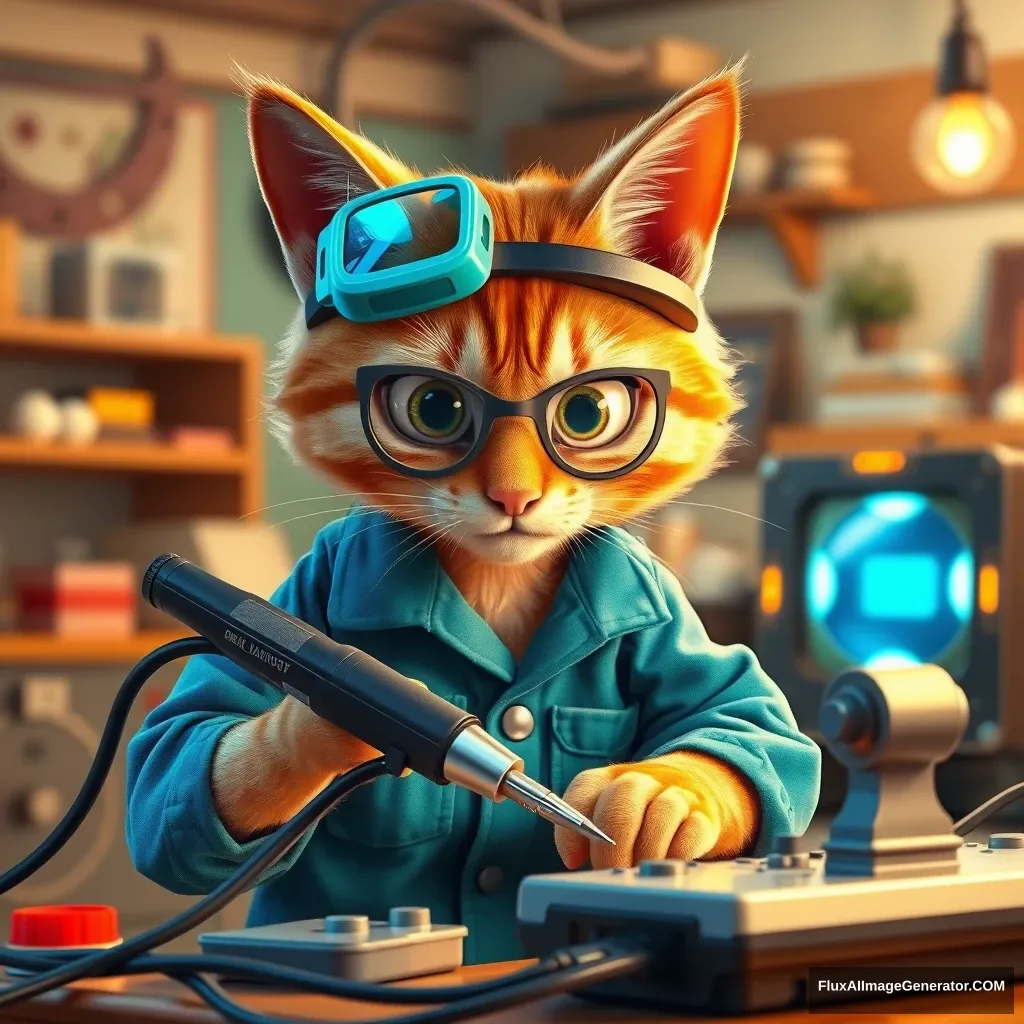 A mischievous orange tabby cat, wearing tiny safety goggles and a blue Pixar-style mechanic's uniform, meticulously wields a comically oversized soldering iron. The cat's determined expression and arched eyebrows convey intense focus as it repairs a futuristic, glowing computer in a whimsical, brightly-lit workshop.