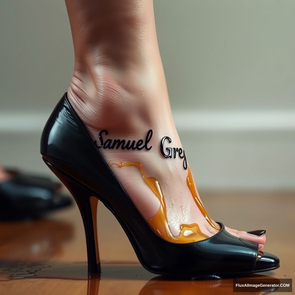 The name "Samuel Greg" on a woman's foot in a black high heel. There is oil all over the foot.