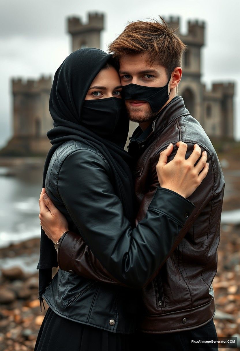 Jamie Dornan's head and body shot, handsome, youngest, black face mask, black leather jacket, dating, love hug with the biggest black hijab Muslim girl, not tall, beautiful eyes, face mask, maroon leather jacket, biggest black skirt, hyper-realistic, studio photography, full body photo, explore at abandoned castle, at sea, gloomy scenery.