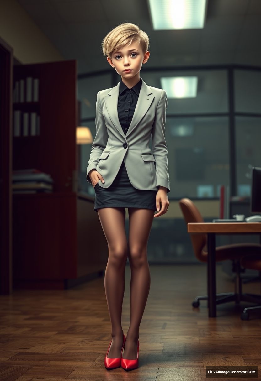 Photo of a skinny young blonde girl standing in a secretary outfit in a character environment, with short pixie hair, blazer, pantyhose, and stiletto pumps. - Image