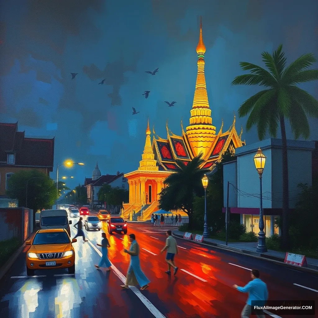 Oil painting of Bangkok at night in the temple without cars.