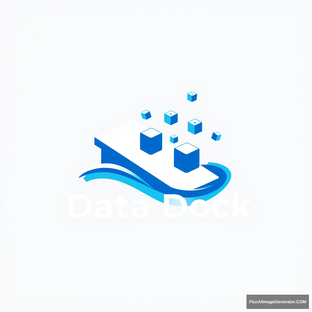 Modern, sleek logo for Data Dock, a content storage company. Stylized dock extending into a digital sea of data. Vibrant blue and white color scheme. Minimalist yet dynamic design with floating cubes representing stored content. Subtle wave patterns evoke fluidity and accessibility. Conveys security and innovation. - Image