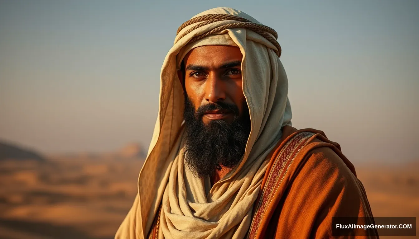 "Portrait of Tamim ad-Dari, an Arab man from the Lakhm tribe, dressed in traditional desert robes of the early 7th century, with a serene and wise expression, set against a backdrop of a Middle Eastern desert landscape. Ultra HD, realistic, cinematic lighting."