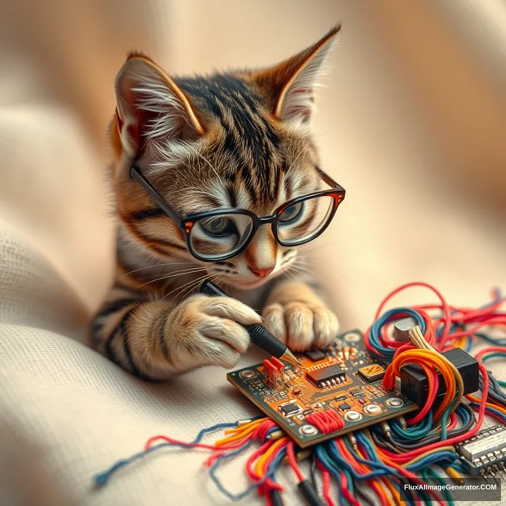 A mischievous tabby cat, wearing tiny spectacles, meticulously solders a circuit board with a miniature iron. Vibrant threads weave intricate patterns, mimicking electronic pathways. Soft fabric backdrop, warm lighting. Delicate French knots form components. Style: Hyper-realistic embroidery art, blending traditional craftsmanship with modern technology.