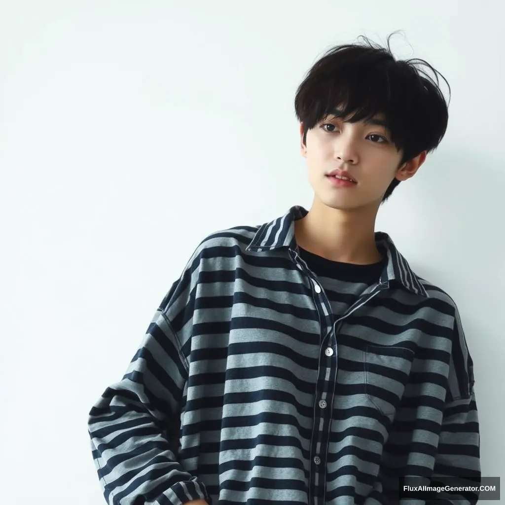 korean young woman, upper body, white simple background, oversized stripe shirt, tomboy style, short hair, messy hair, natural light, (moody atmosphere), cool tones - Image