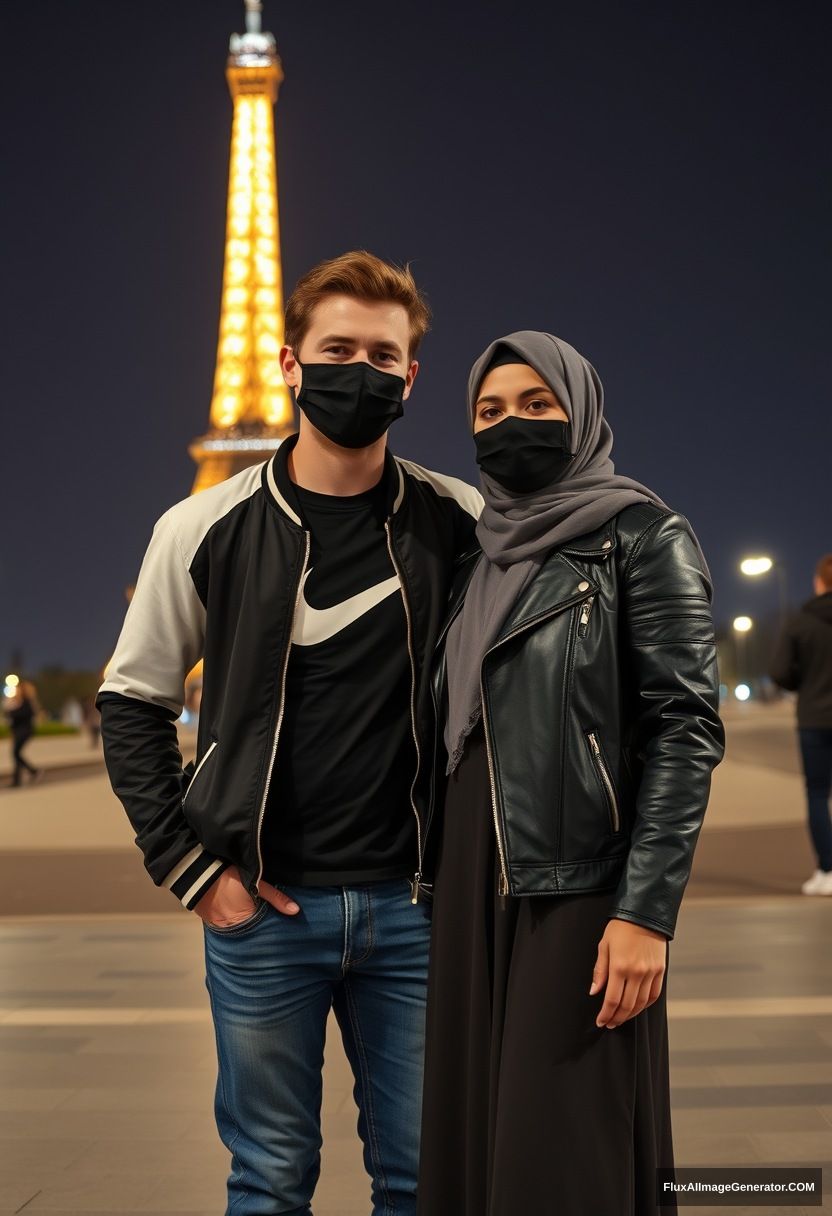 Jamie Dornan, youngest, black face mask, collage jacket, Nike t-shirt, jeans, tall man, fit body,

Dating, love with the biggest grey hijab Muslim girl, beautiful eyes, black face mask, leather jacket, biggest longest skirt, cute not tall girl,

standing near the Eiffel Tower, night scenery, hyper-realistic, photorealistic, street photography, selfie photos. - Image