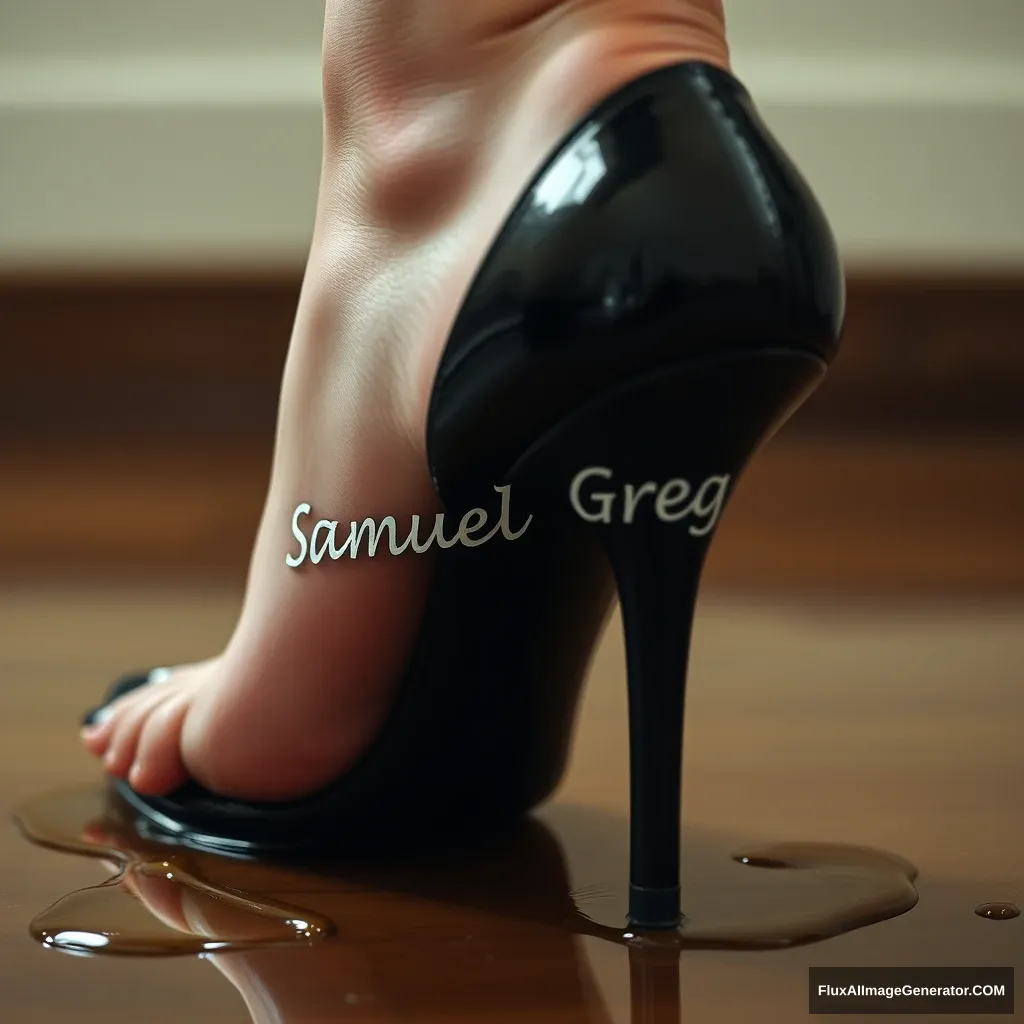 The name "Samuel Greg" on a woman's foot in a black high heel. There is oil all over the foot. - Image