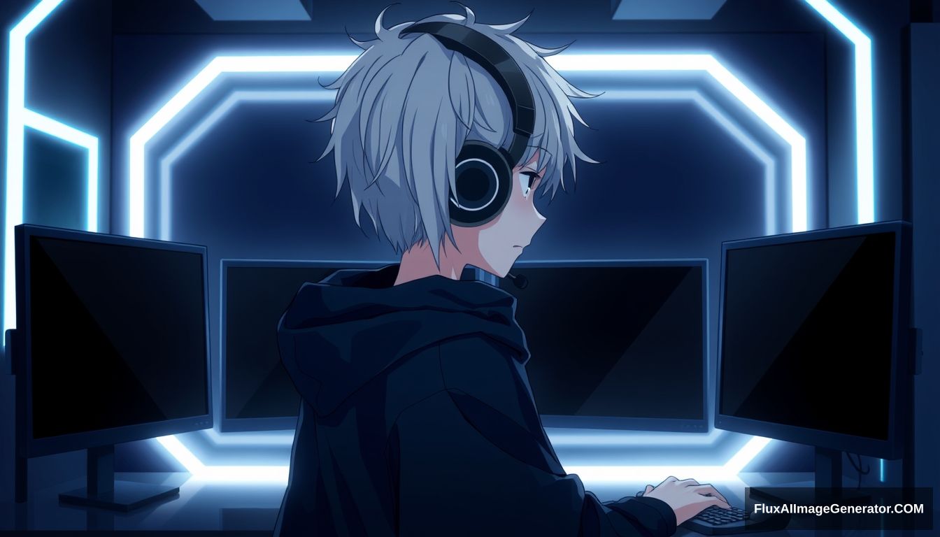 A boy anime with white hair, wearing a black hoodie, with headphones and a microphone, looking at his two monitors with black screens in his black room with white neon lights.