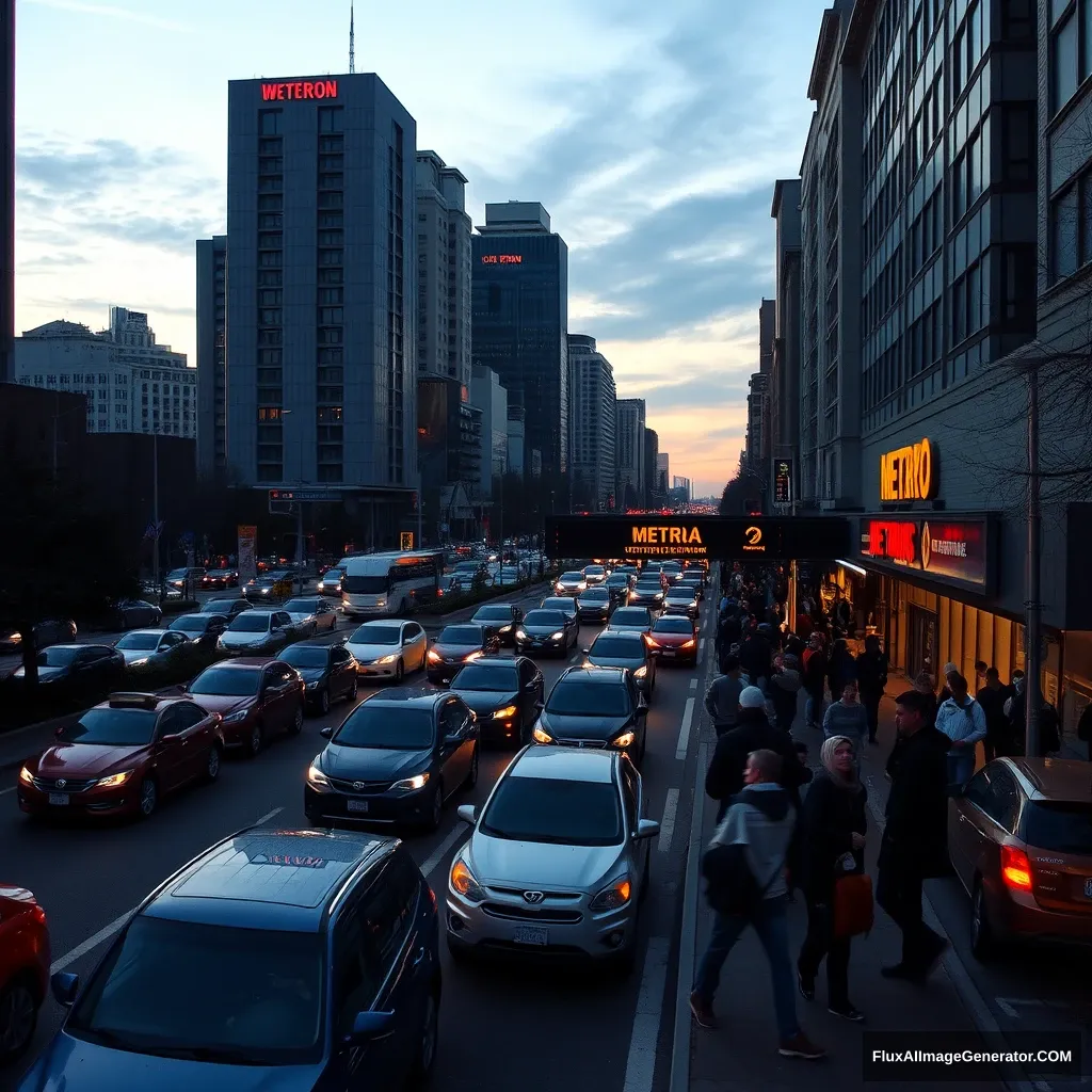 city at dawn, traffic jam, busy people, metro station entrance - Image