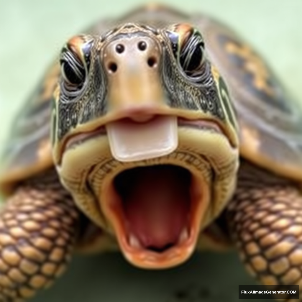 Turtle brushing its teeth. Opens mouth very wide.