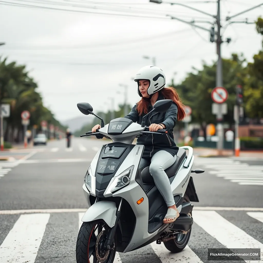 At the crossroads, there is a woman riding a smart motorcycle. The motorcycle appears to have AI intelligence, and there are multiple displays on it showing Chinese characters or Japanese.