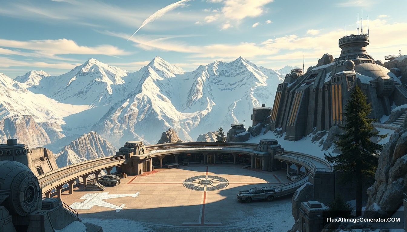 Cel shaded art, wide shot, a sci-fi center on the top of a snow mountain, open air, close look, cyberpunk, military base, Star Wars style, indoor, patio, morning, sunlight, fortress, mountain, rock, snow, tarmac, parking apron, cave, tree, landing field, cliff, round shape, tower.