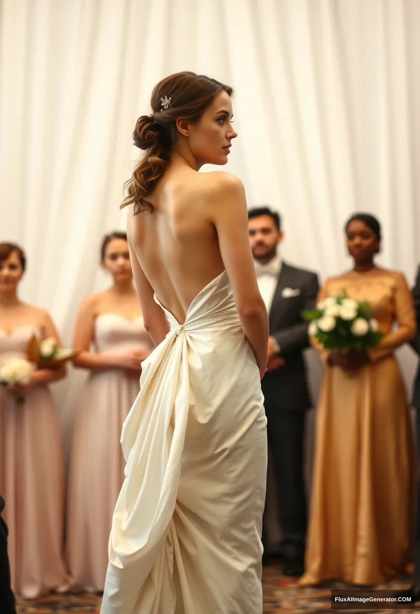 A short young woman, sensitive, delicate, backless, strapless, side-less, low-waisted contouring wedding dress with a breezy loose open back spilling open to the sides, that seems like it was intentionally left undone. In front of the patriarchy council. Expectations. Perfect posture. Pale skin. Voluptuous. - Image