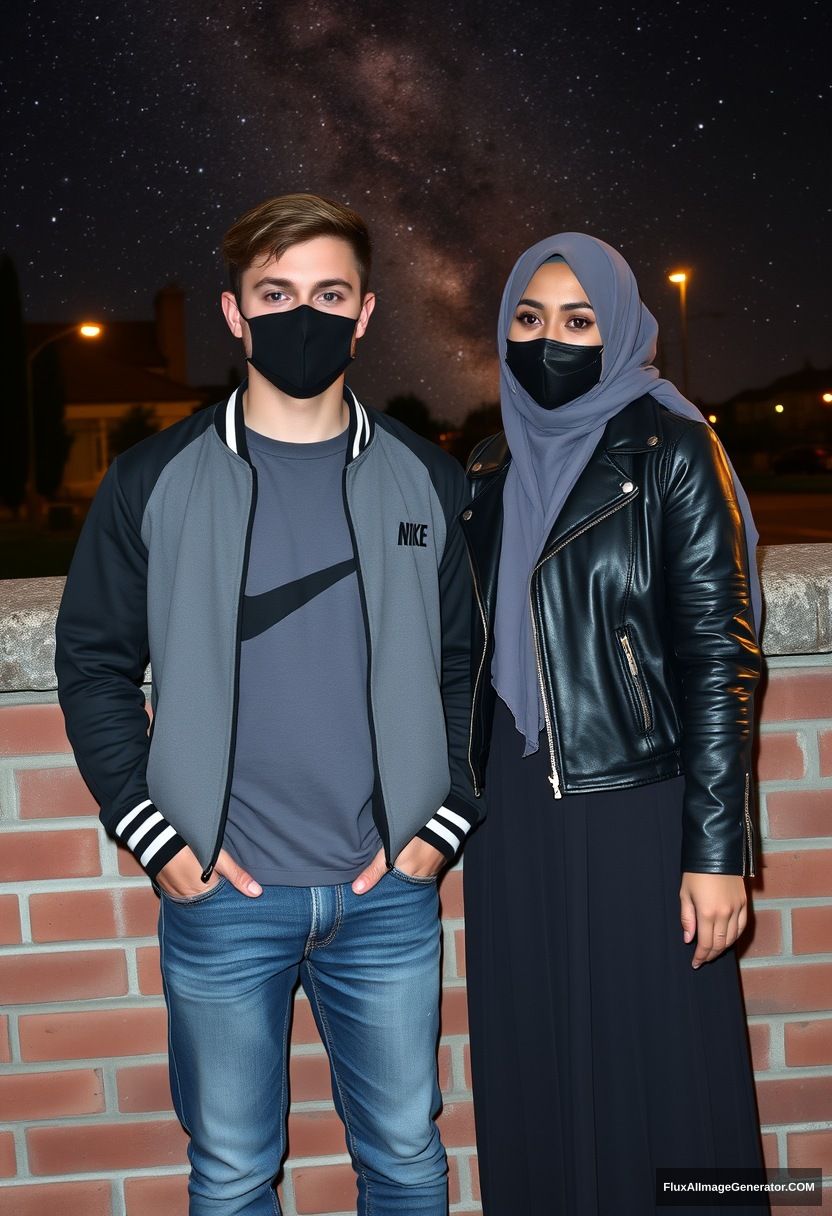 Jamie Dornan, youngest, black face mask, collage jacket, Nike t-shirt, jeans, tall man, fit body,

Dating, love with the biggest gray hijab Muslim girl, beautiful eyes, black face mask, leather jacket, biggest longest skirt, cute short girl,

standing at a brick wall, night scenery, Milky Way, hyper-realistic, photorealistic, street photography. - Image