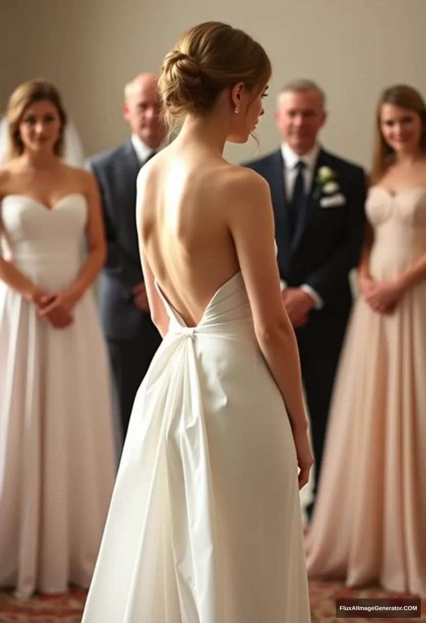 A short young woman, sensitive, delicate, backless strapless side-less low-waisted contouring wedding dress with a loose front and an open rear that seems like it was intentionally left undone. Submitting before the council of fathers. Expectations. Perfect posture. Pale skin.