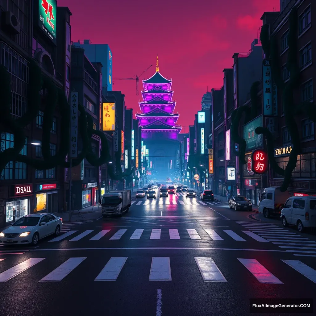 A cyberpunk style video game concept, nice and detailed, two-point perspective, Tokyo city view, Shibuya Scramble Crossing, buildings are corrupted by many giant vines, night scene, crosswalk line, abandoned cars and trucks, blue and purple neon lights, Japanese Edo Castle, sky is dyed red, Unreal Engine, PBR rendering, CG style.