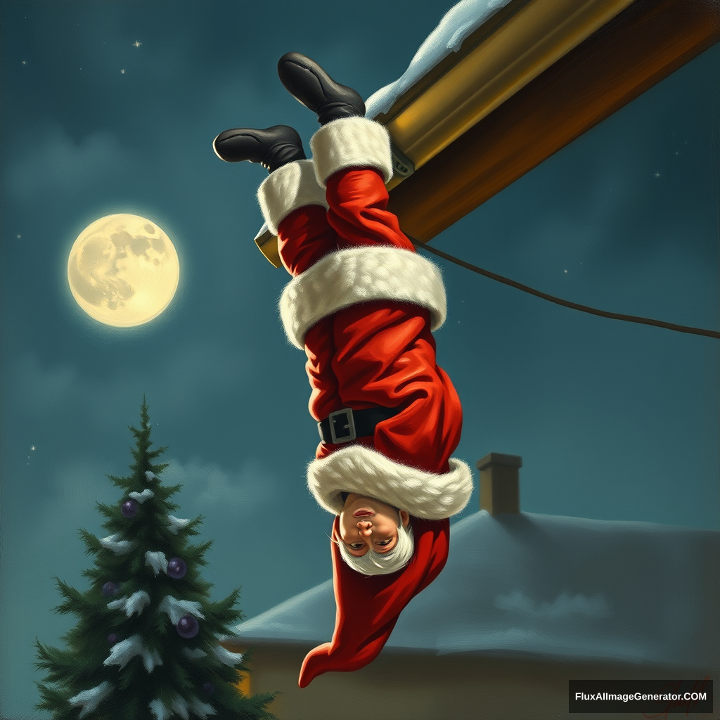 Santa is hanging upside down from the guttering, a painting by Authur Sarnoff, 4k.