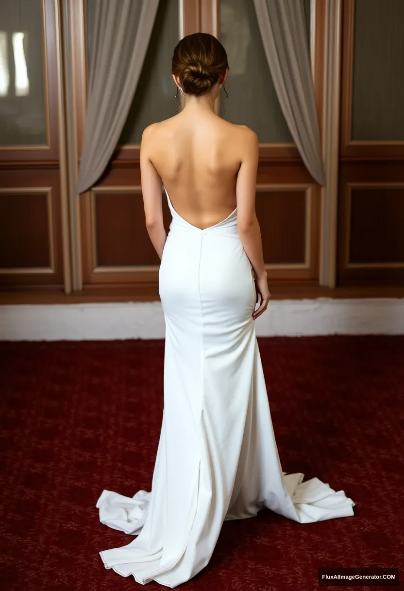 a short young woman, sensitive, delicate, backless strapless side-less low-waisted contouring wedding dress with a breezy loose open back spilling open to the sides, that seems like it was intentionally left undone, in front of elder patriarchy, expectations, perfect posture - Image