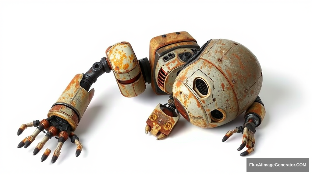 An old rusty robot lying down, its head down, feeling sad, on a white background.