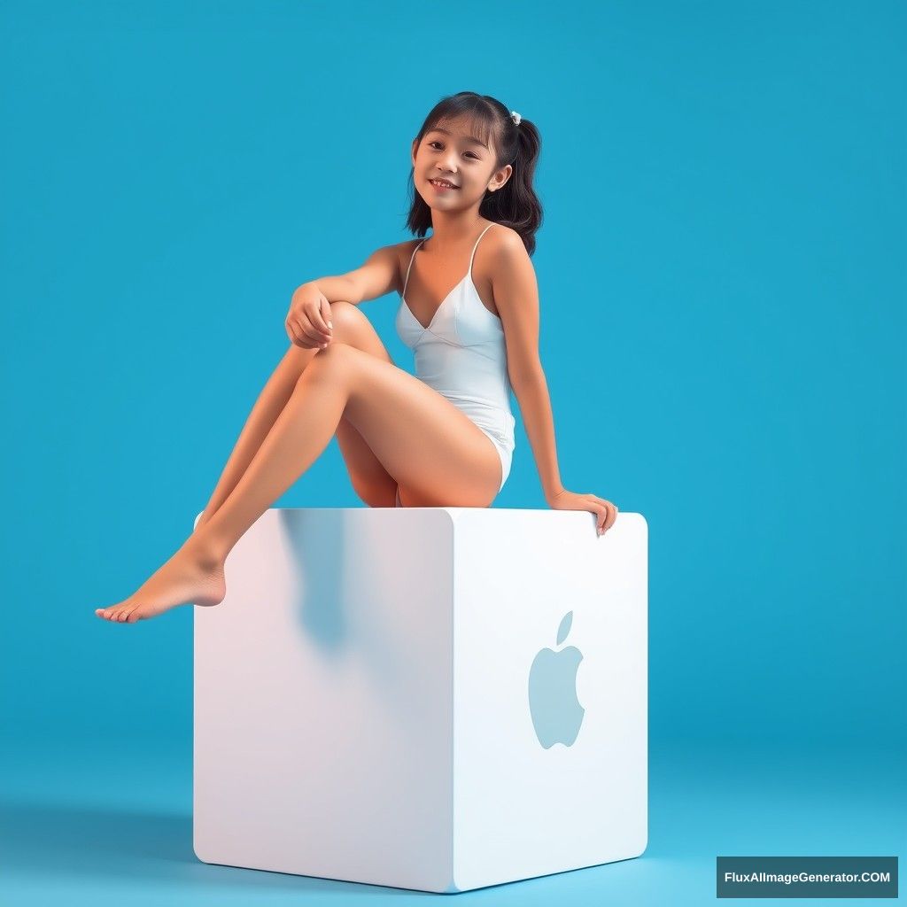 A girl sitting on a giant cube in a white swimsuit with her legs crossed, with a blue background, promotion image title "Apple", high-res, 8k.