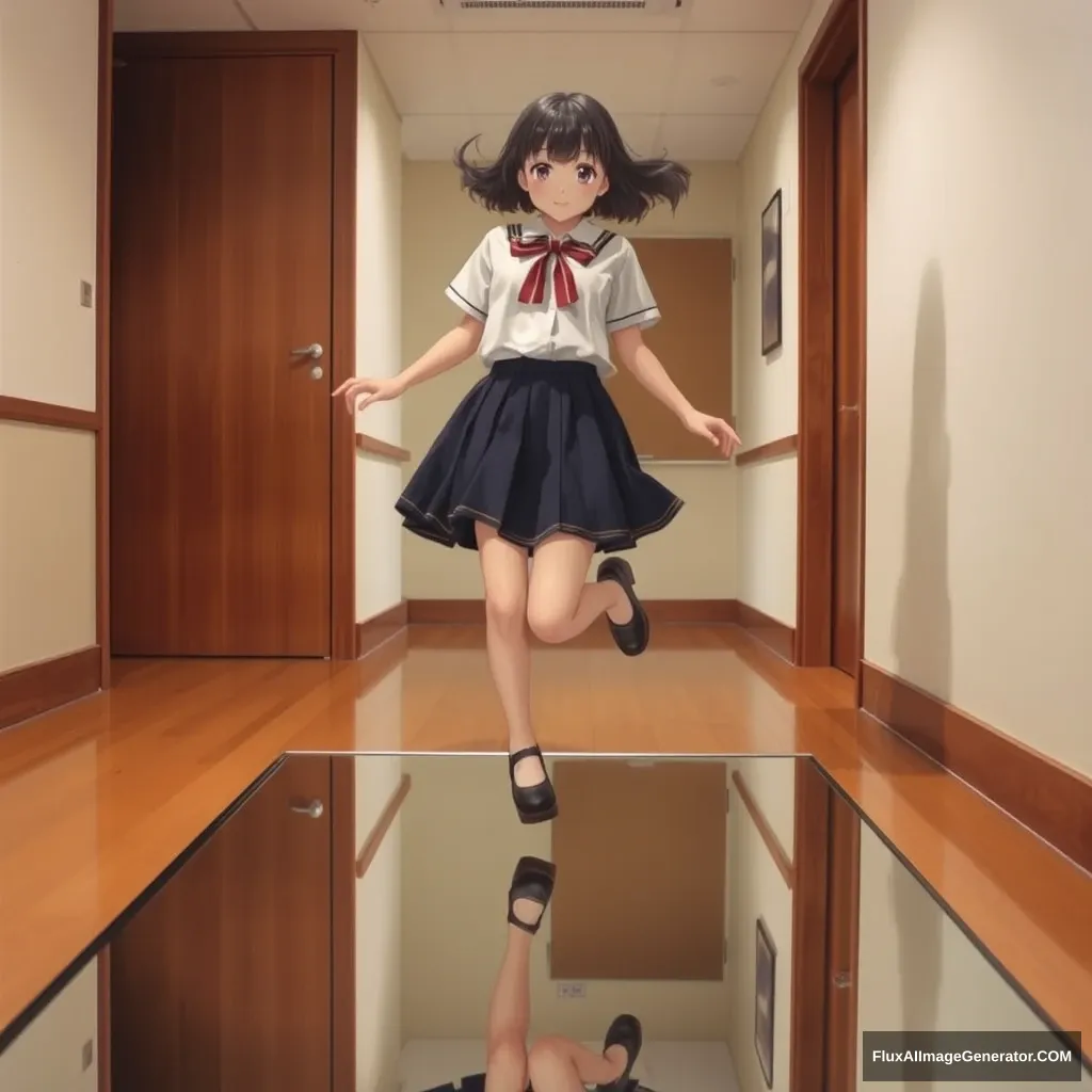 A Japanese schoolgirl in a skirt jumped up in the room, the floor was a mirror, and we looked down at the mirror. - Image